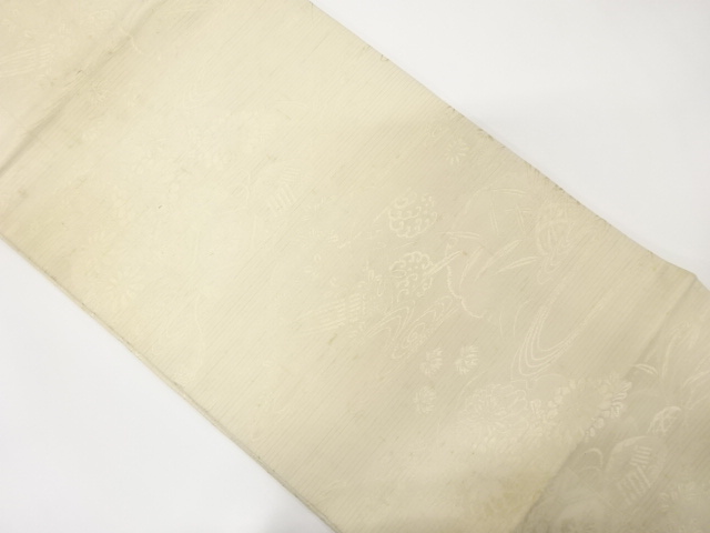 アンティーク　絽雪輪に貝桶・花・笙模様織出し丸帯（材料）